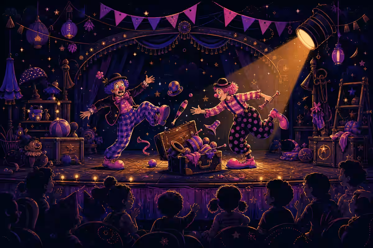 Illustration: kleine Theaterbühne mit Vorhang und Scheinwerferkegel