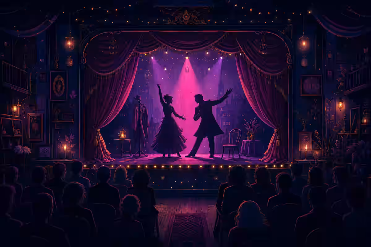 Illustration: kleine Theaterbühne mit Vorhang und Scheinwerferkegel