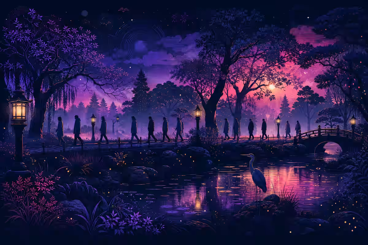 Illustration: Abendspaziergang durch einen Berliner Park mit Laternen
