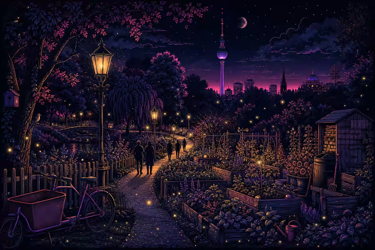 Illustration: Abendspaziergang durch einen Berliner Park mit Laternen