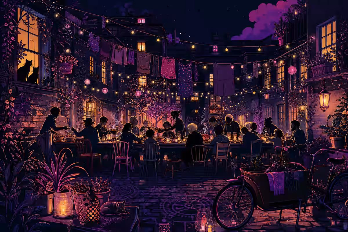 Illustration: Kiezfest mit Wimpelketten, Ständen und Blaskapelle