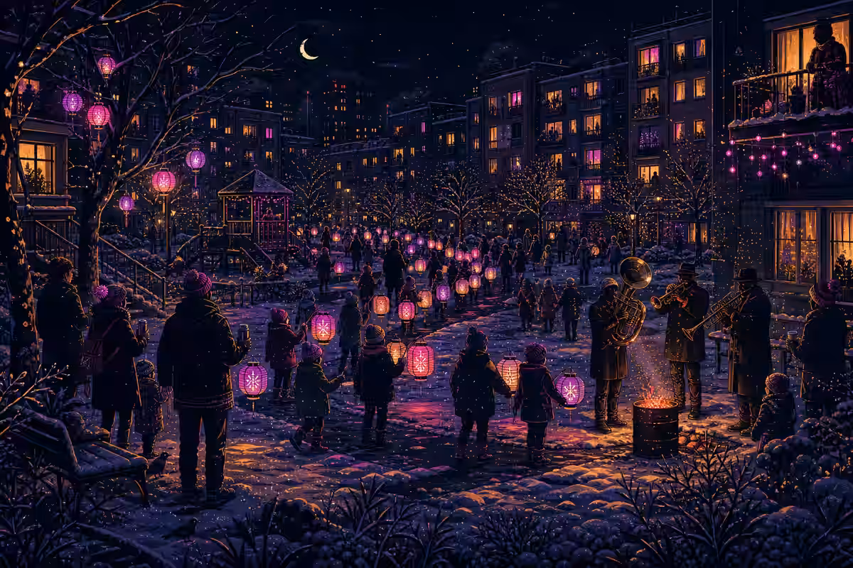 Illustration: Kiezfest mit Wimpelketten, Ständen und Blaskapelle