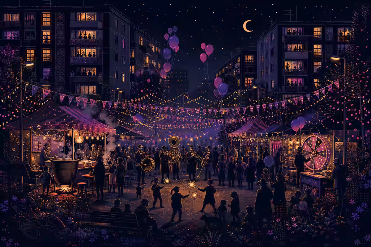 Illustration: Kiezfest mit Wimpelketten, Ständen und Blaskapelle