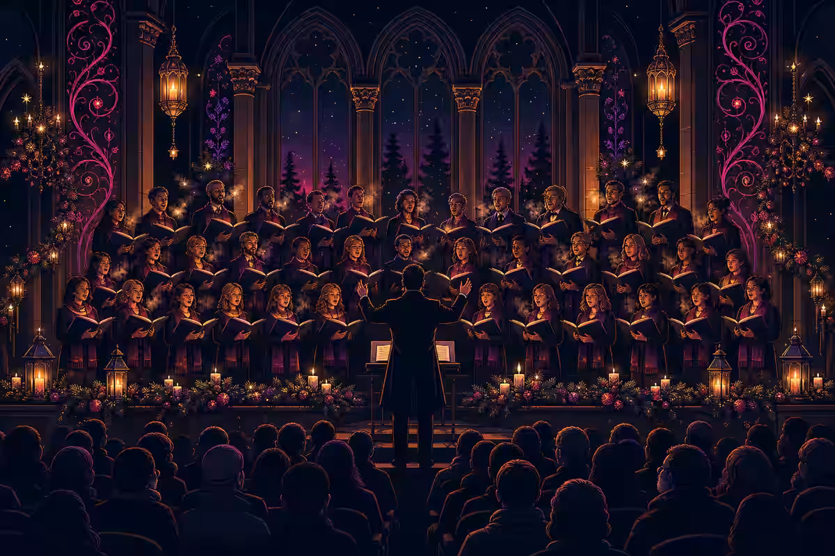 Illustration: Konzert in einer alten Markthalle mit Bühnenlicht