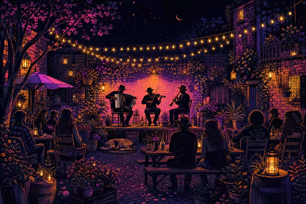 Illustration: Konzert in einer alten Markthalle mit Bühnenlicht