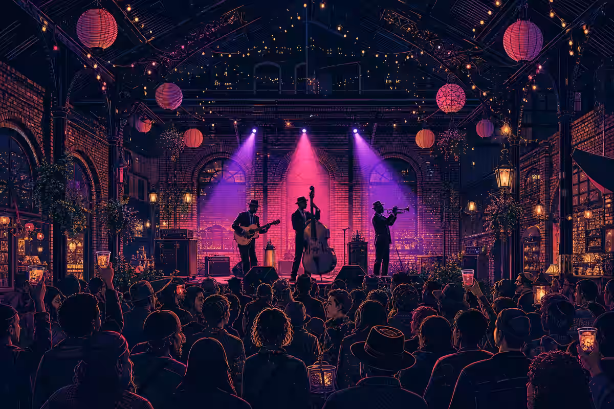 Illustration: Konzert in einer alten Markthalle mit Bühnenlicht