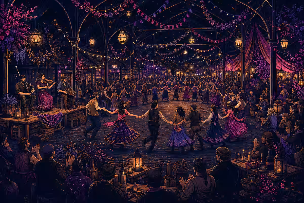 Illustration: Tanztee mit Spiegelkugel, Parkett und Kaffeetafel