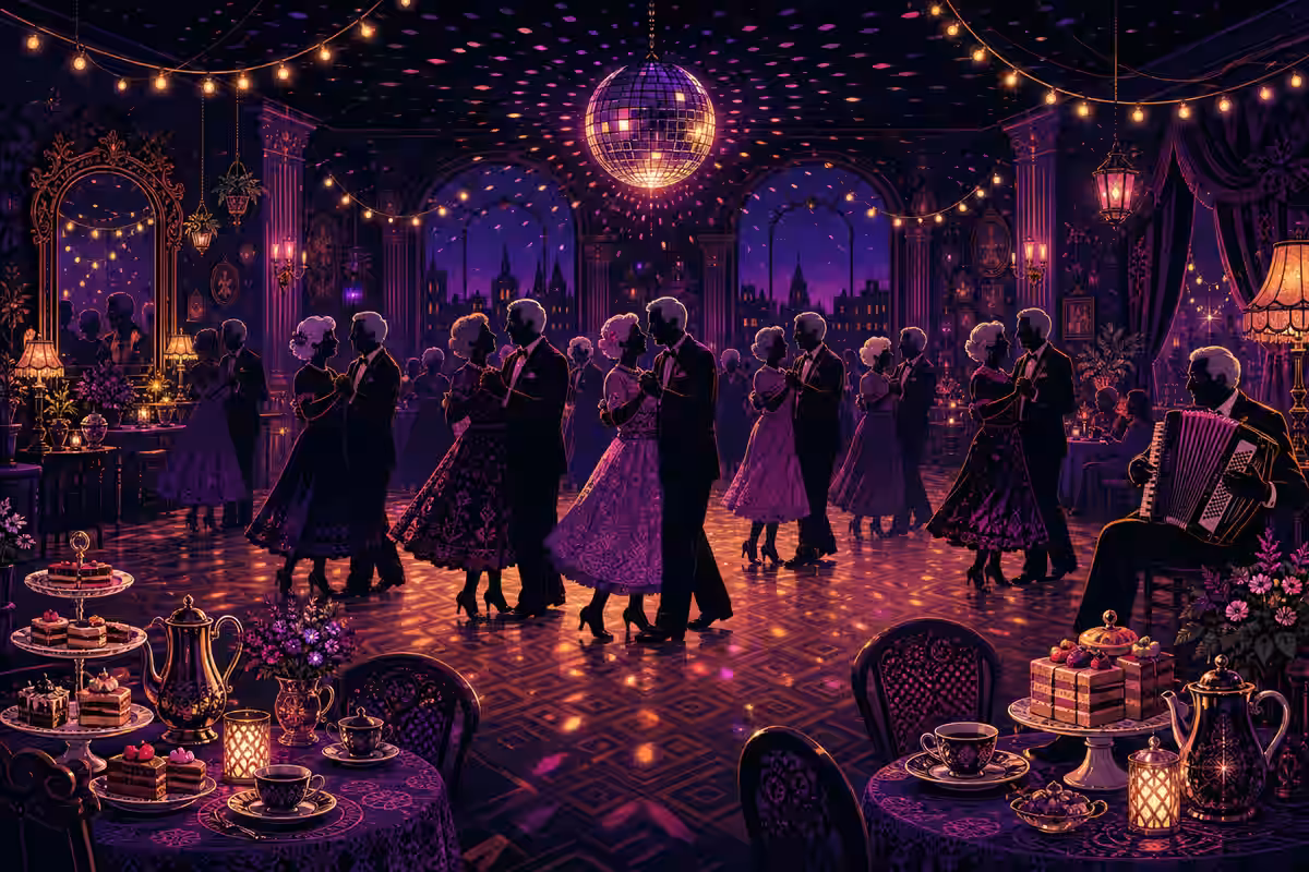 Illustration: Tanztee mit Spiegelkugel, Parkett und Kaffeetafel