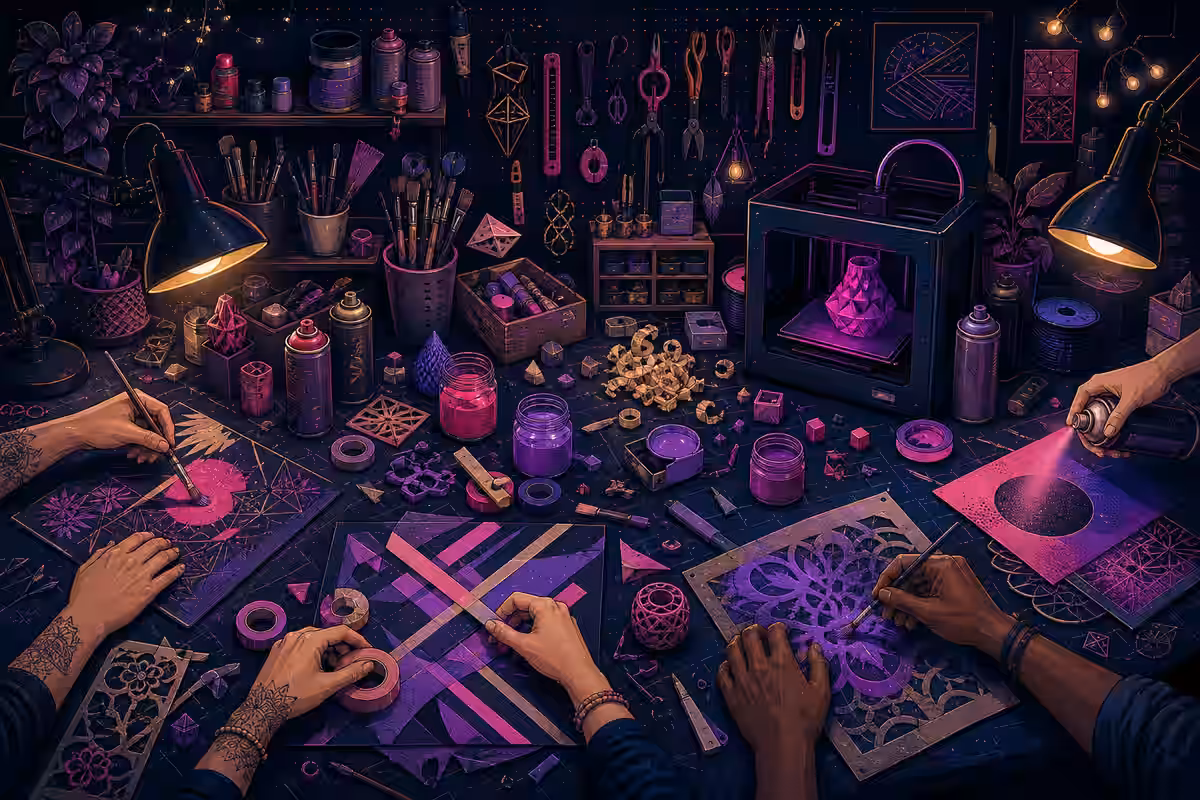 Illustration: Werkstatttisch mit Pinseln, Farben und Werkzeug