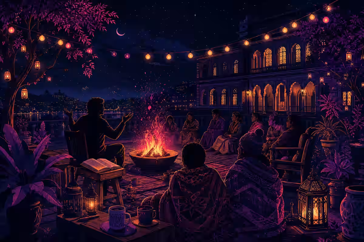 Illustration: Erzählabend am Lagerfeuer mit Zuhörern auf Bänken