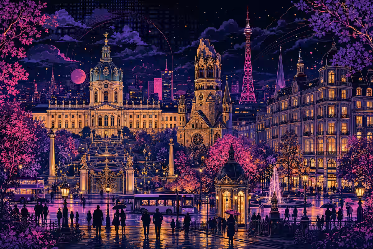 Illustration: Schloss Charlottenburg mit Garten, dahinter Gedächtniskirche und Funkturm