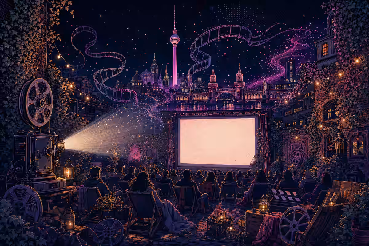 Illustration: Freiluftkino mit Projektor und Berliner Skyline aus Filmstreifen