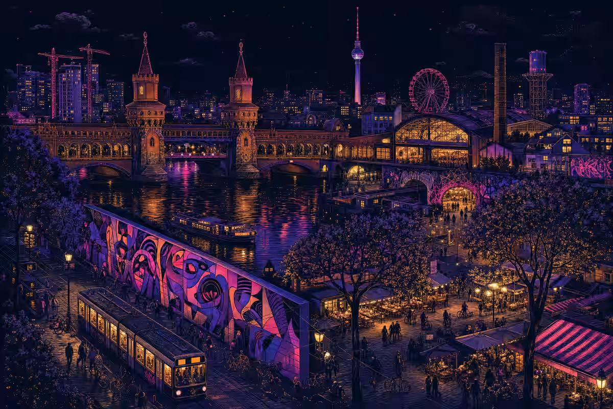 Illustration: East Side Gallery an der Spree mit Oberbaumbrücke und RAW-Gelände