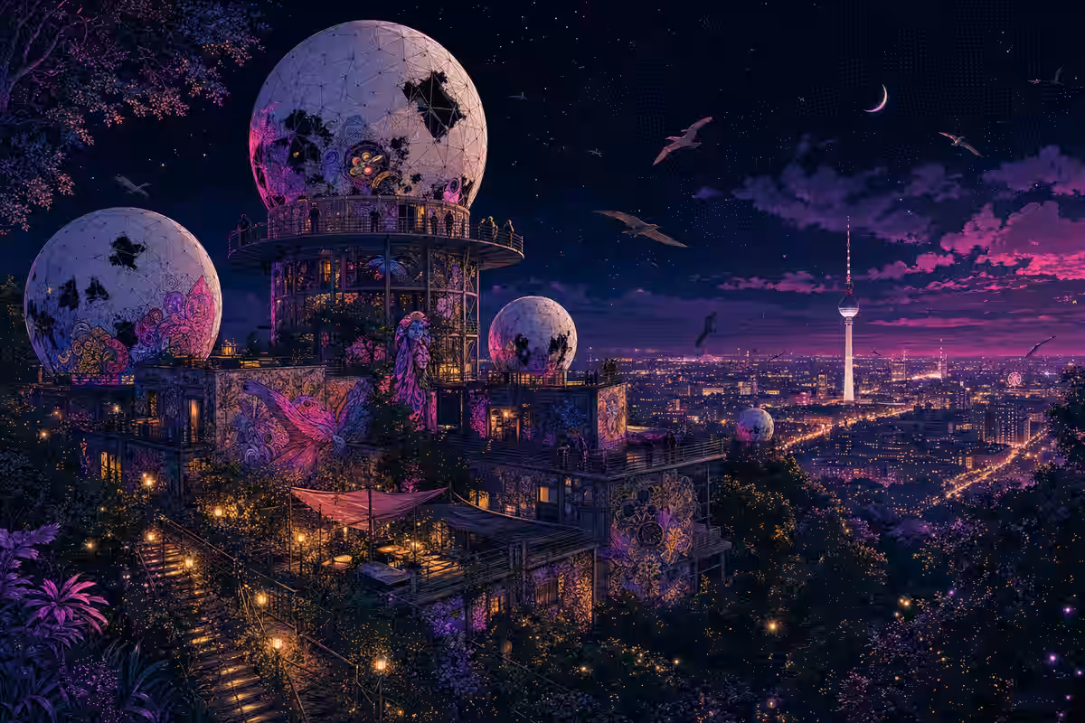 Illustration: Radarkuppeln des Teufelsbergs über dem Grunewald
