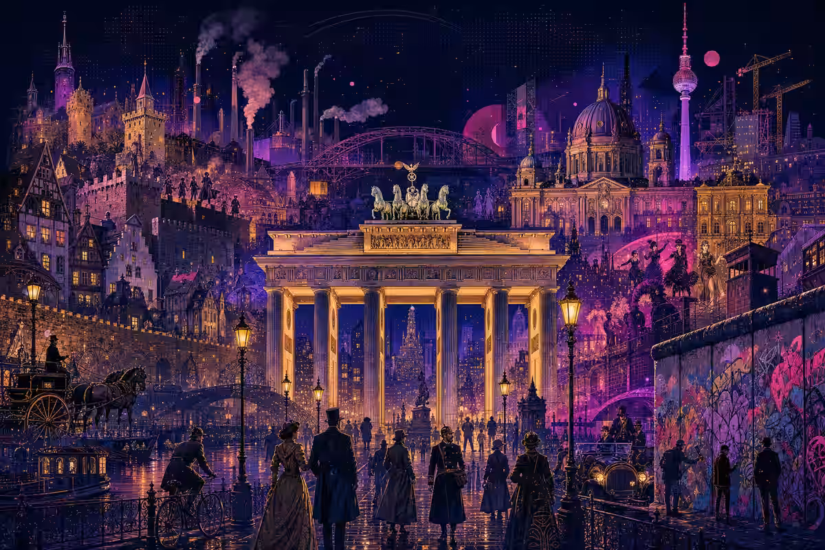 Illustration: Brandenburger Tor mit historischen Silhouetten