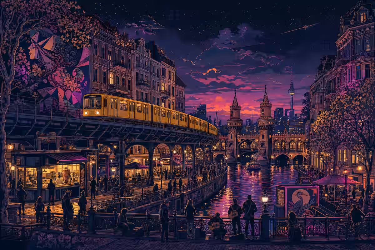 Illustration: Hochbahnviadukt der U1 zwischen Altbaufassaden, dahinter die Oberbaumbrücke