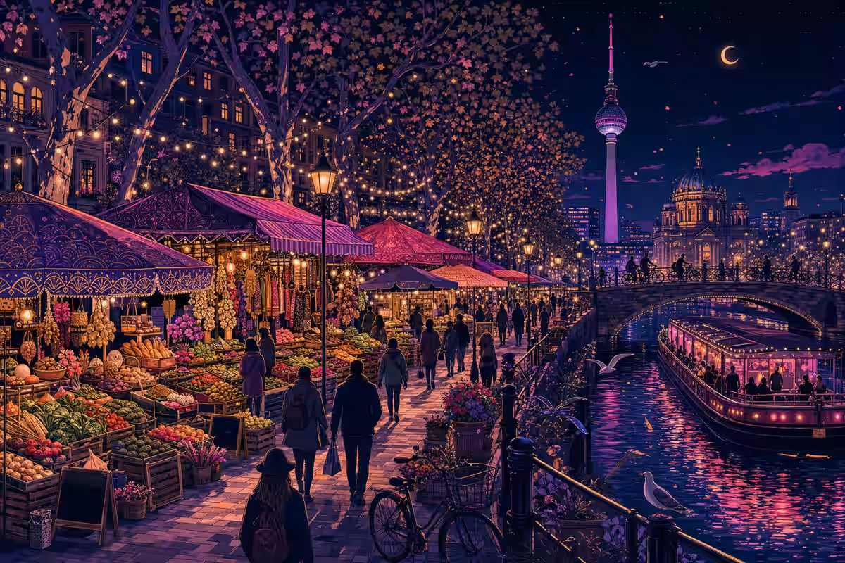 Illustration: Marktstände mit Gemüse und Blumen an einem Berliner Kanal