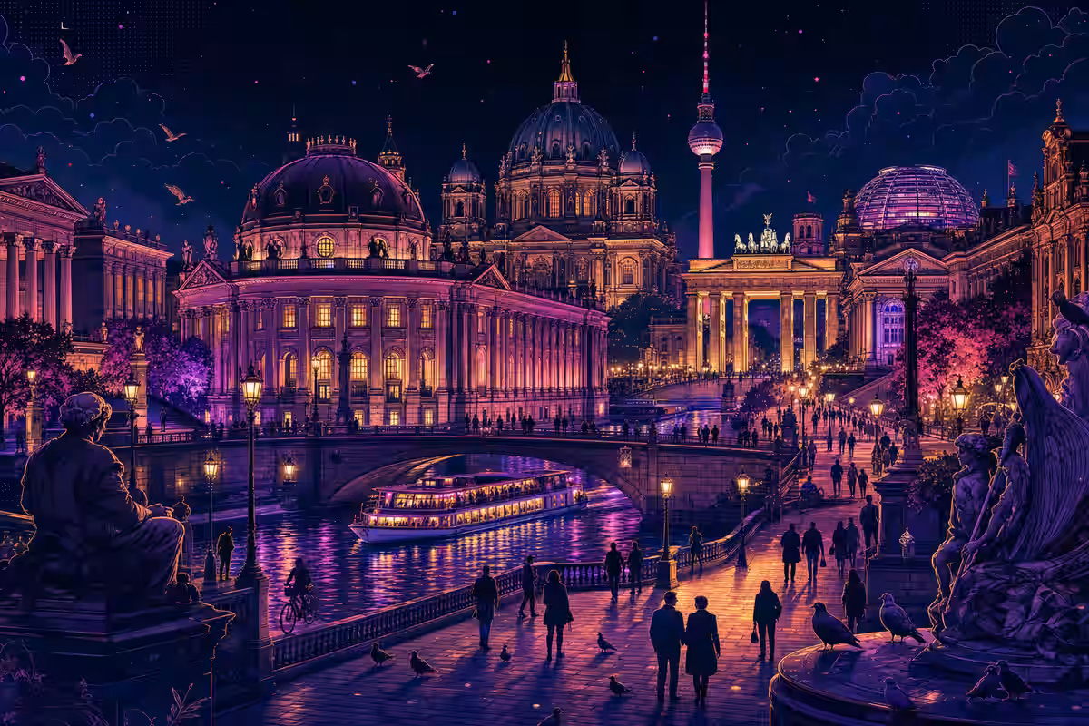 Illustration: Museumsinsel mit Domkuppel und Spreespiegelung bei Nacht