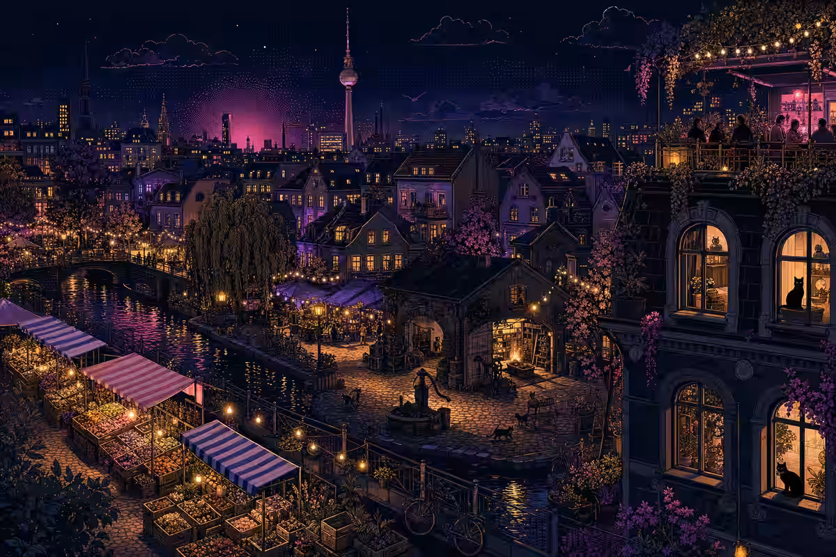 Illustration: Marktstände am Maybachufer-Kanal, dahinter die Dorfhäuser von Alt-Rixdorf