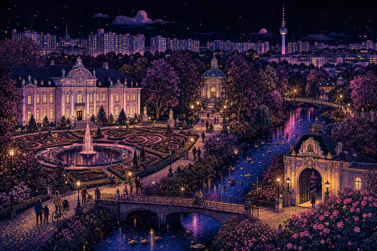 Illustration: Schloss Schönhausen mit Garten, dahinter Plattenbauten und Fernsehturm