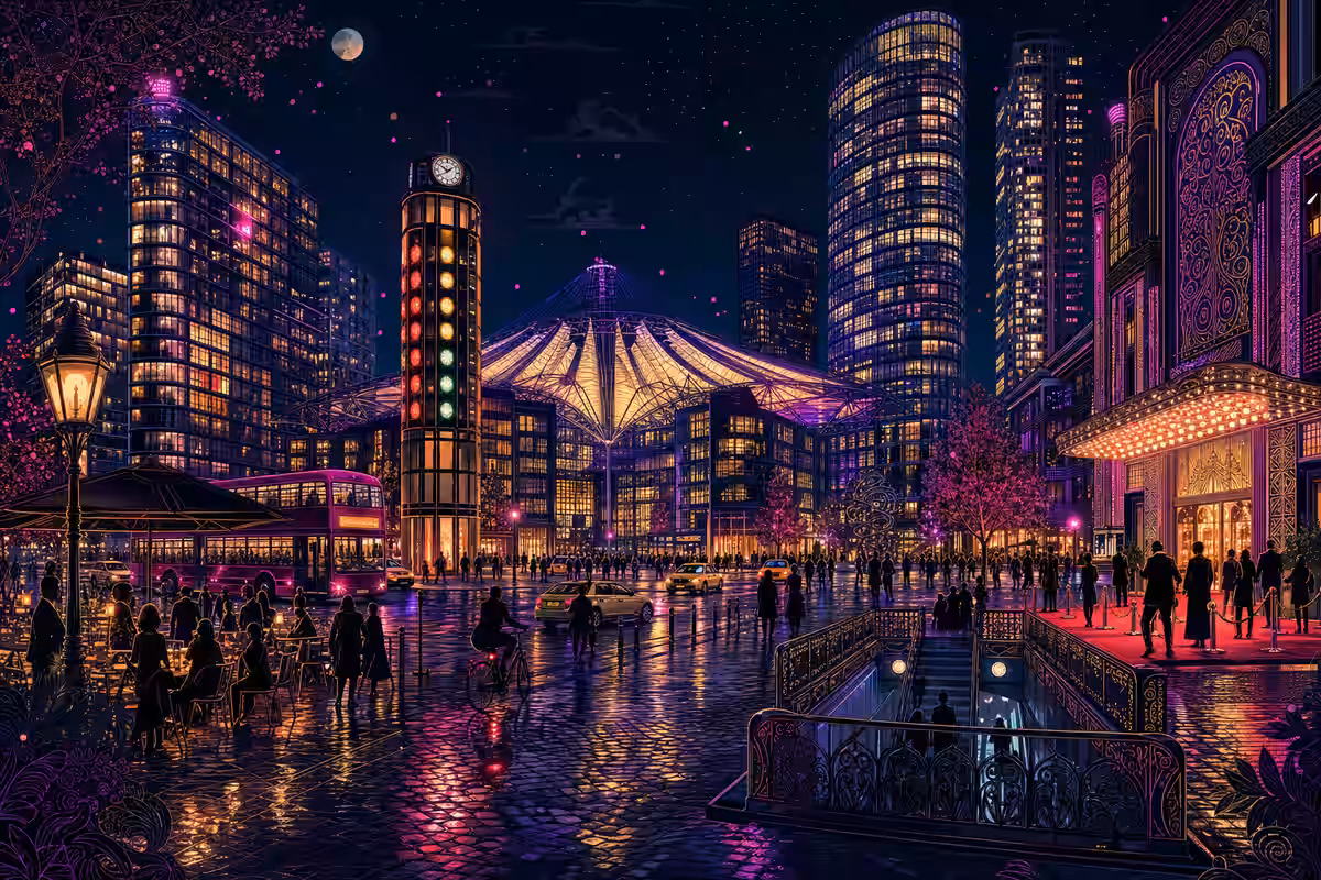 Illustration: Hochhäuser und Kinokuppel am Potsdamer Platz bei Nacht