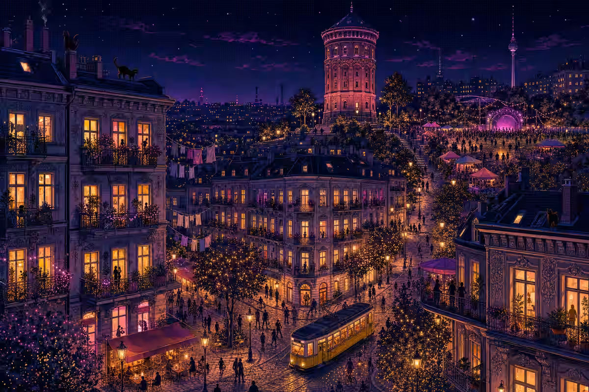 Illustration: Wasserturm über Gründerzeitfassaden, Tram und Kastanienallee in der Dämmerung