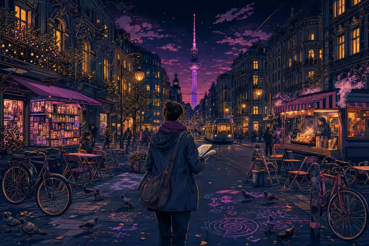 Illustration: ein Blogger mit Notizbuch von hinten in einer abendlichen Berliner Altbaustraße, am Straßenende der Fernsehturm