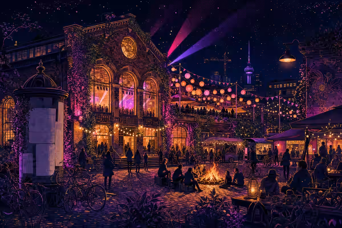 Illustration: Kulturort mit leuchtenden Bogenfenstern und Lampions am Abend