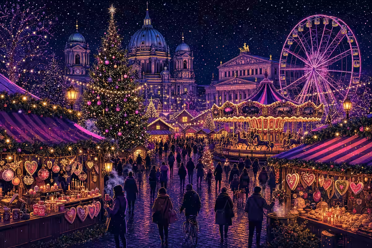 Illustration: Weihnachtsmarktstände mit Lichterketten vor Berliner Kulisse