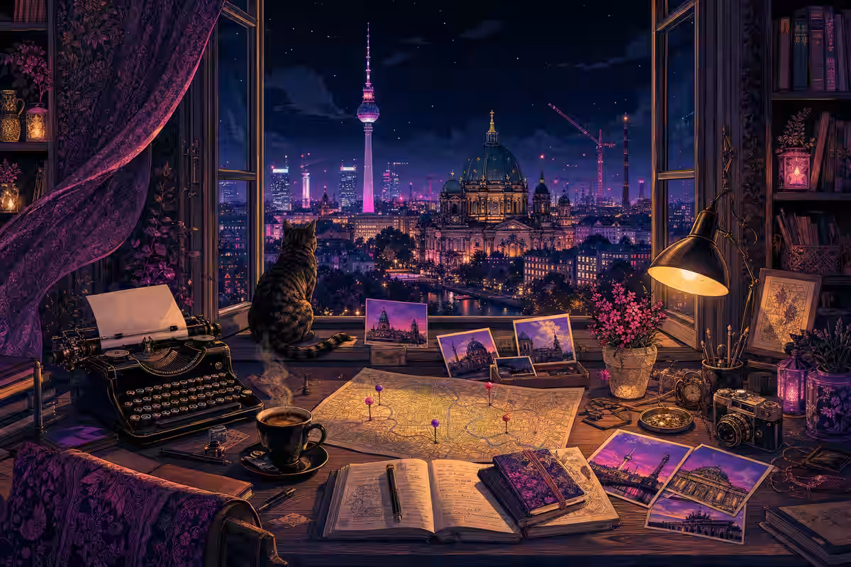 Illustration: Schreibtisch am offenen Altbaufenster mit Blick auf das nächtliche Berlin